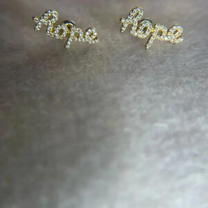 GOLD TONE DIAMOND PETITE SCRIPT HOPE EARRINGS POST BACK